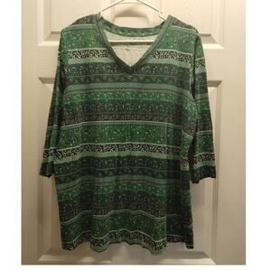 Woman Within Size 18/20 Green Striped Floral V-Neck 3/4 Sleeves T-Shirt Tee